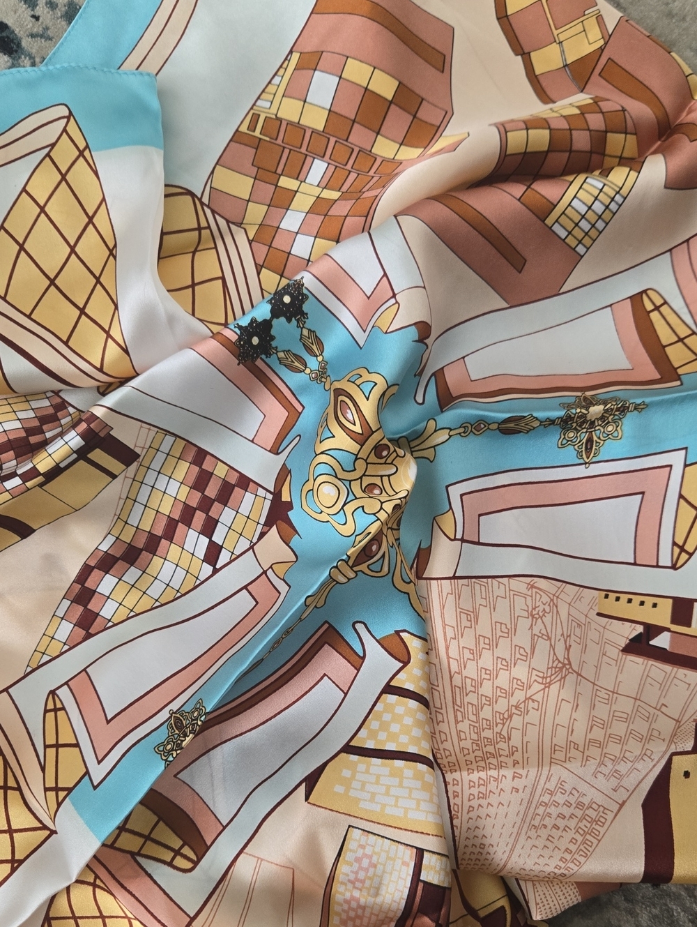 100%silkPrinted Fashion Scarf in Turquoise, Beige & Gold